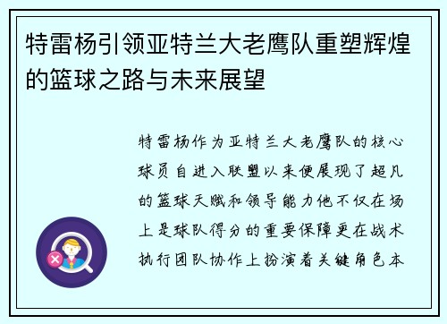 特雷杨引领亚特兰大老鹰队重塑辉煌的篮球之路与未来展望